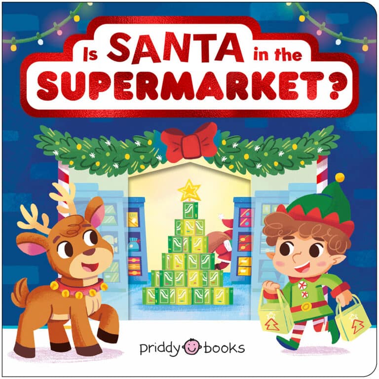 A reindeer and an elf with gift bags stand in a supermarket decorated for Christmas with a tree of boxes.
