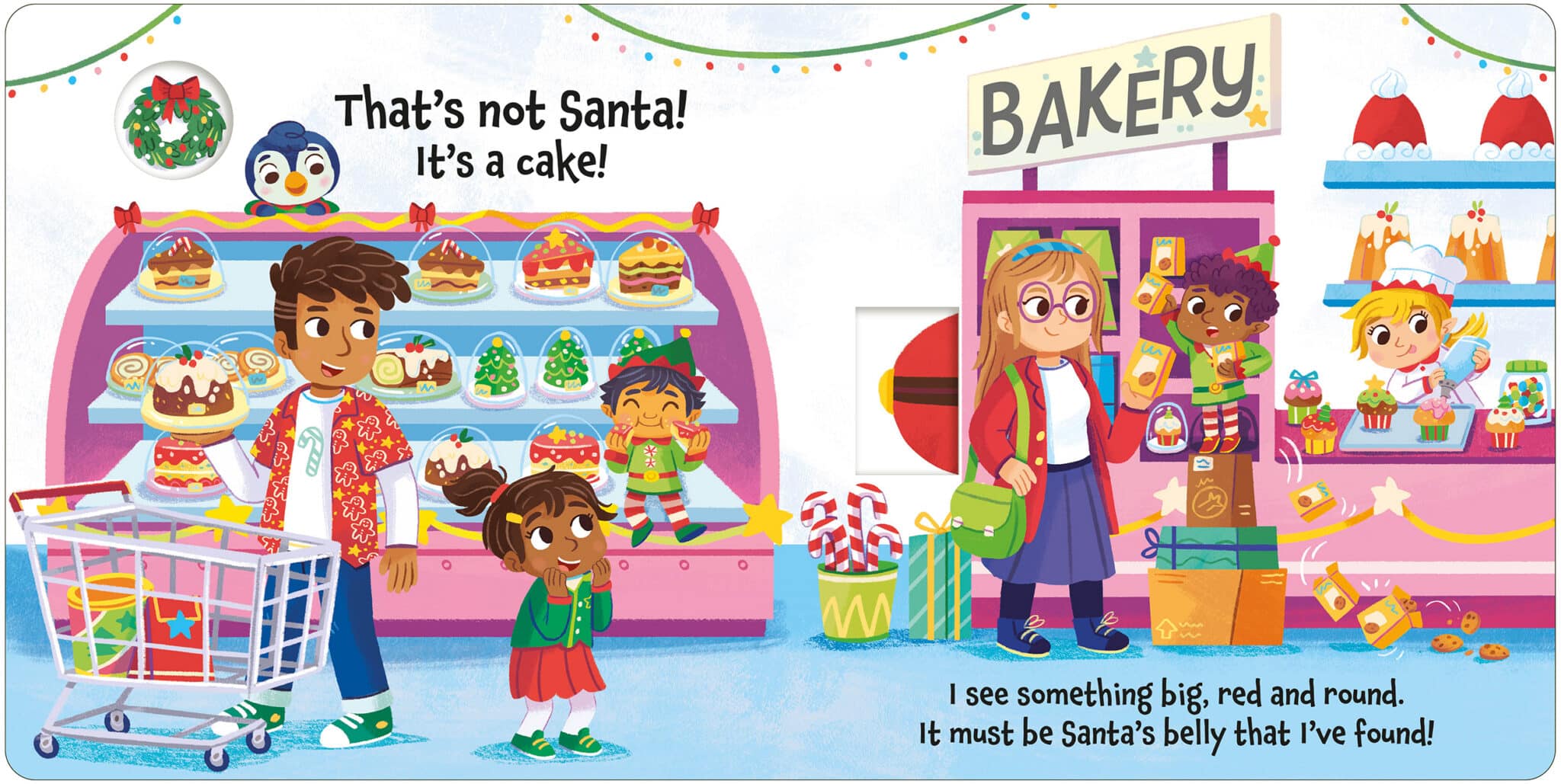 Is Santa in the Supermarket_Spread2_LR Children in a bakery look at cakes shaped like Santa; a sign says, “That’s not Santa! It’s a cake!”.