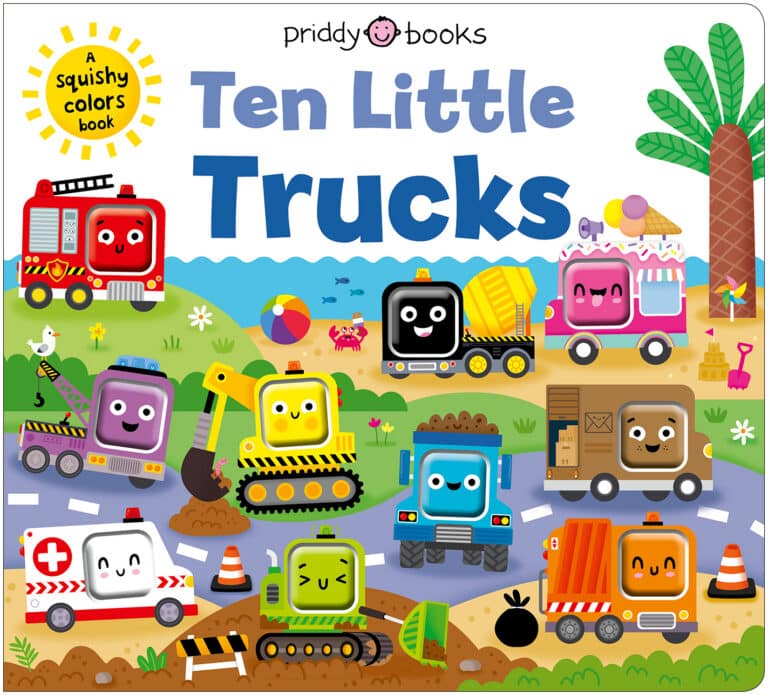 Colorful illustrated cover of “Ten Little Trucks,” featuring ten smiling vehicles, trees, and playful scenery.