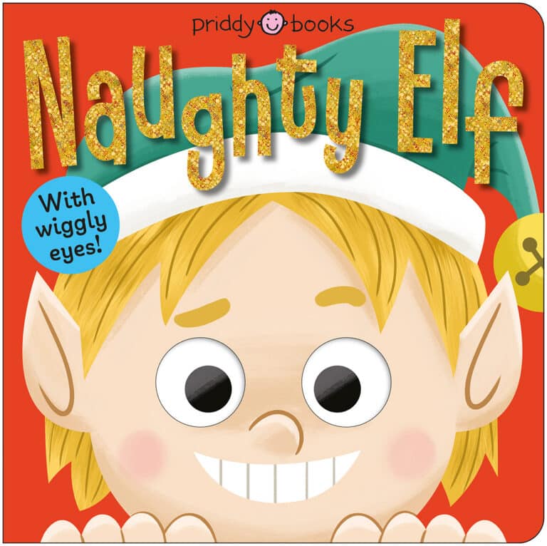 Cartoon elf with big wiggly eyes, wearing a green hat, grinning under the title “Naughty Elf.”.