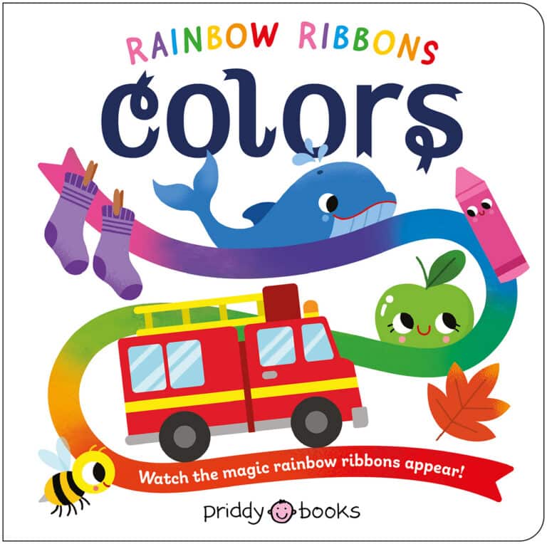 Colorful children’s book cover with a whale, firetruck, apple, bee, socks, crayon, leaf, and rainbow ribbon.