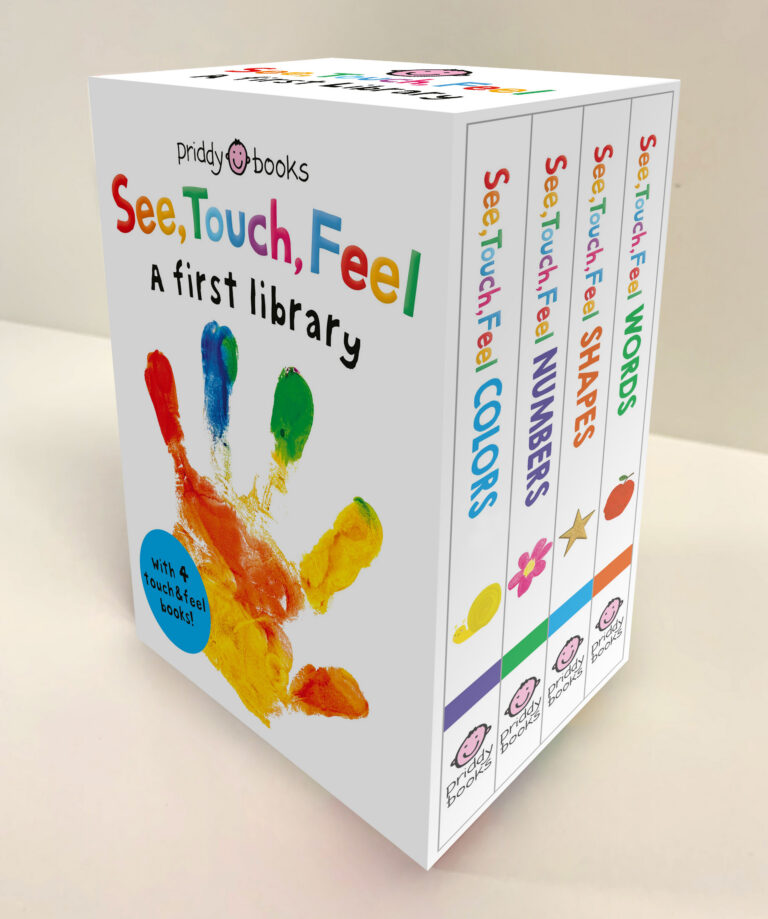 Box set of four children’s books titled “See, Touch, Feel” with colorful handprint on the cover.