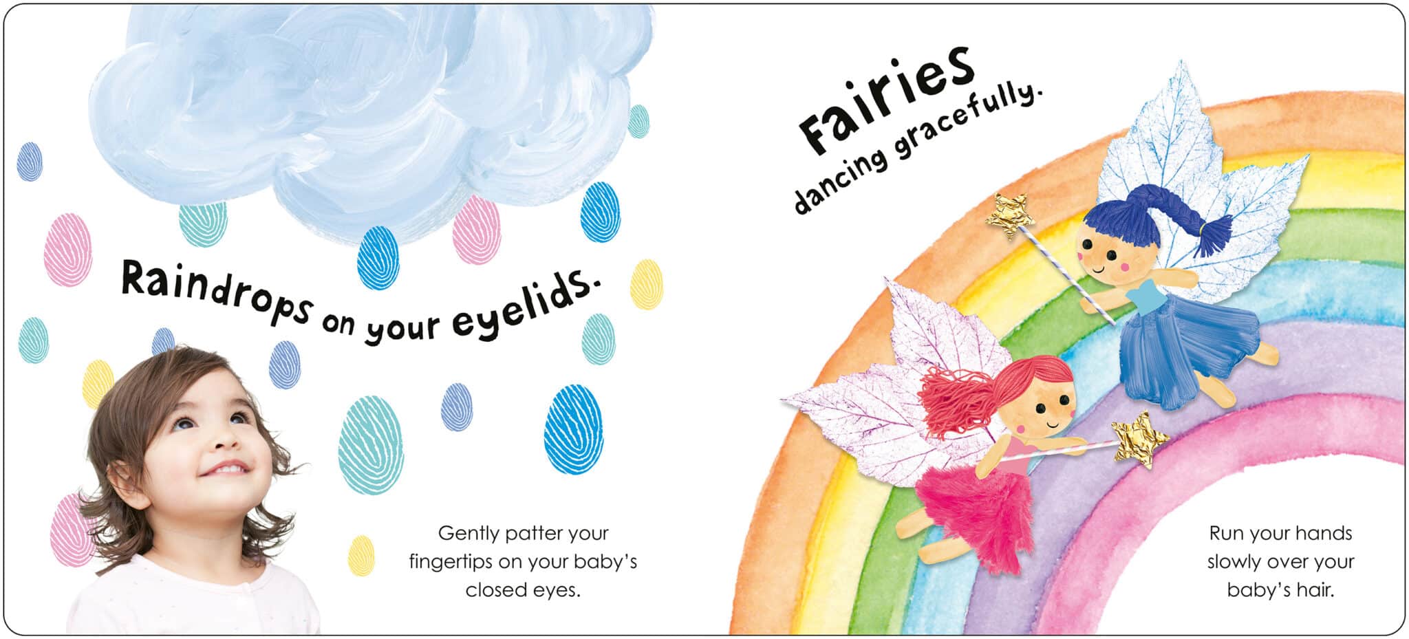 STF_Sleeptime_Spread 1 LR US A child looks up at painted clouds, raindrops, and fairies on a rainbow with playful text and instructions.
