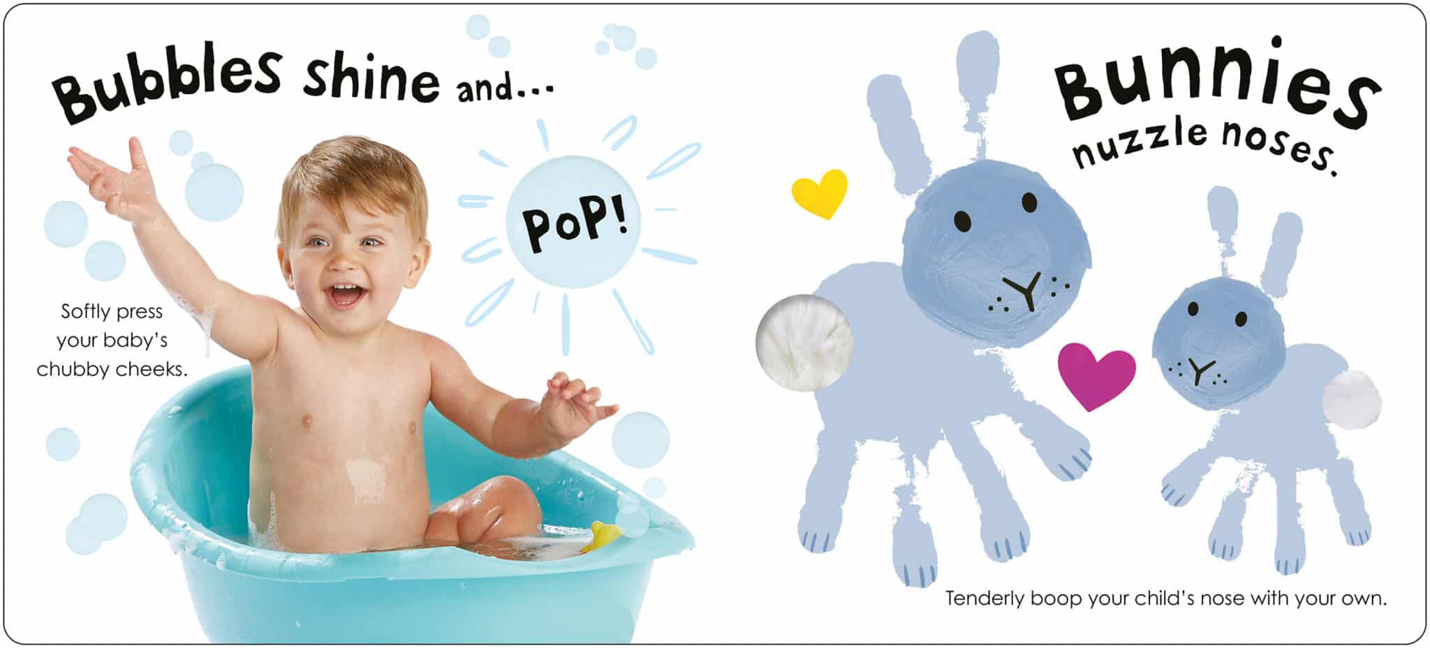 STF_Sleeptime_Spread 2 LR UK A smiling baby sits in a blue tub, reaching out. Illustration of two bunnies and colorful hearts on the right.