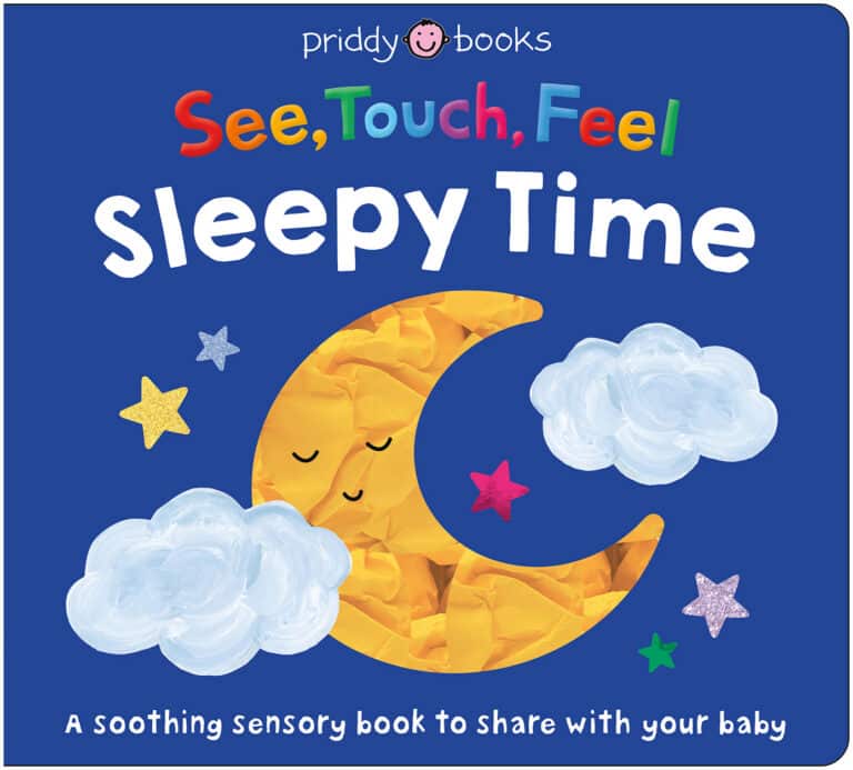 A yellow crescent moon with closed eyes, clouds, and stars on a blue book cover titled “Sleepy Time.”.
