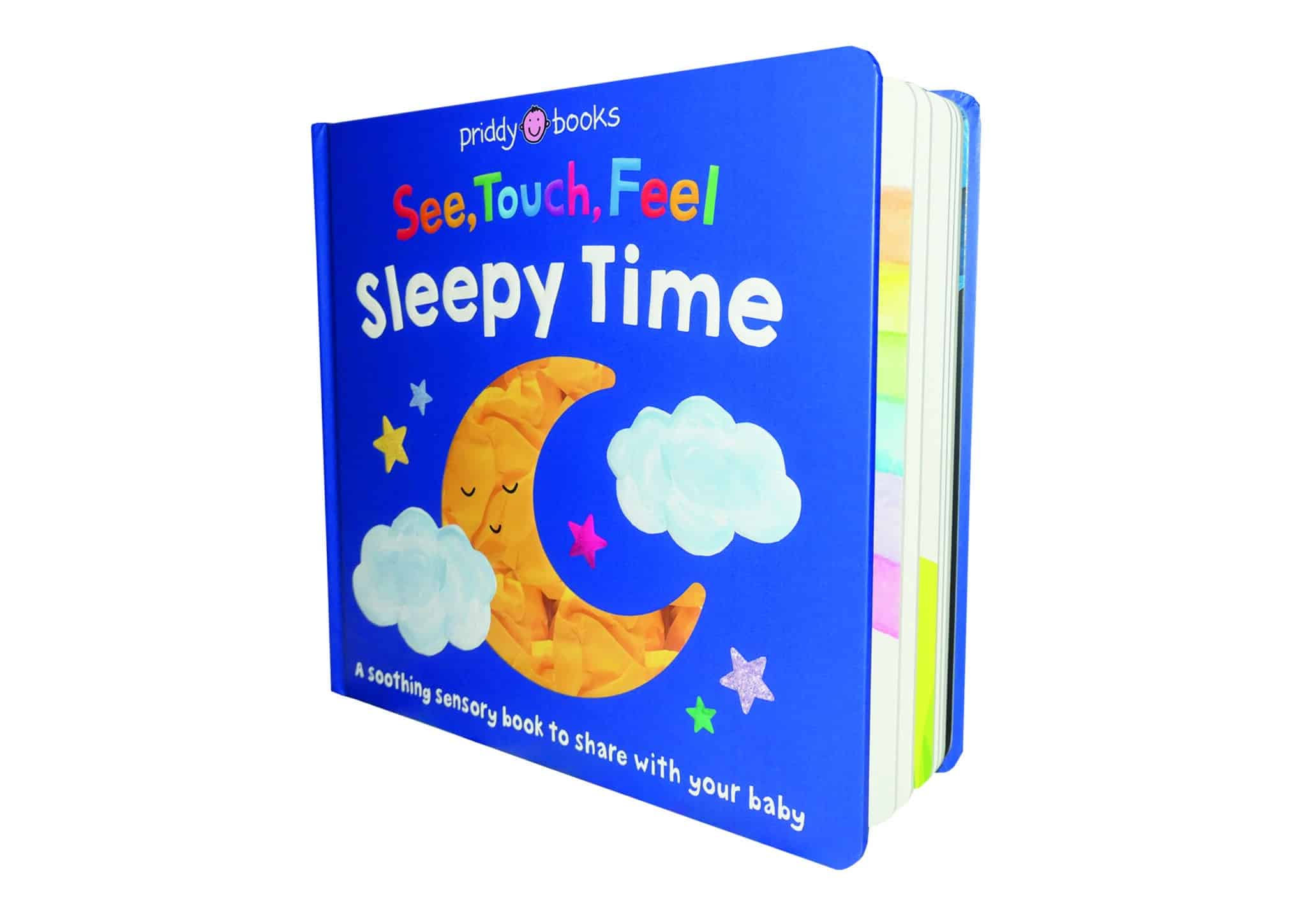 See Touch Feel Sleepy Time Blue baby book titled “See, Touch, Feel Sleepy Time” with a moon, clouds, and stars on the cover.