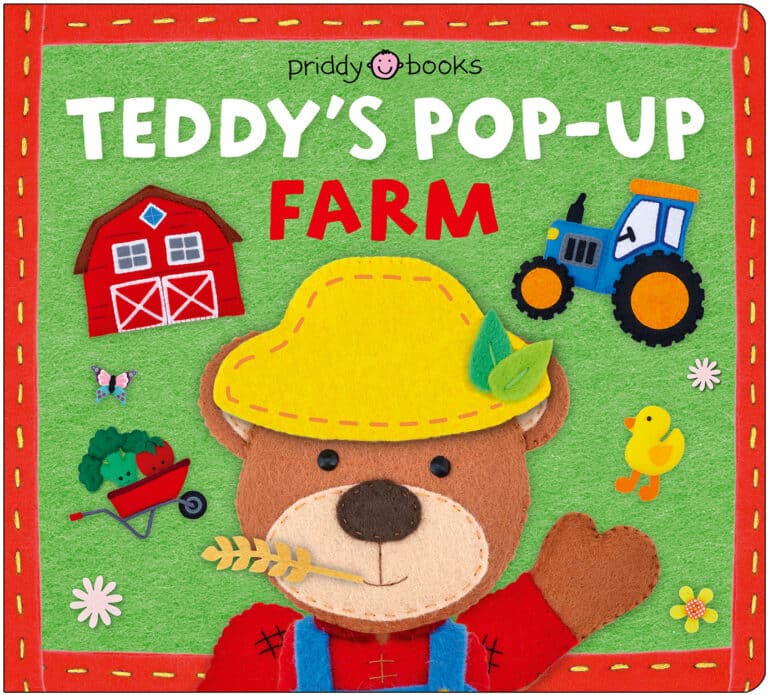 Colorful children’s book cover with a teddy bear farmer, barn, tractor, and farm-themed decorations.