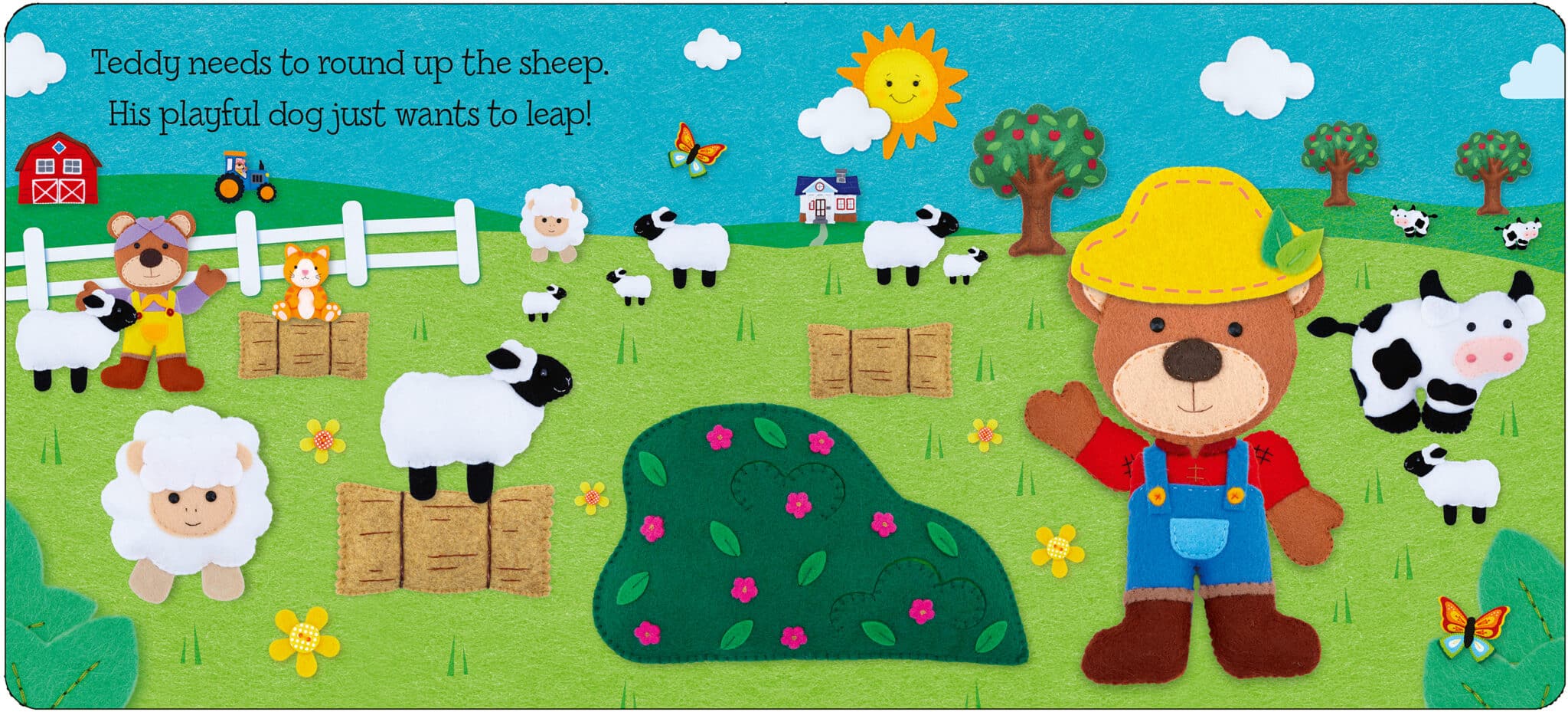 Teddys_POP_UP_SURPRISE_Spread 2 LR A teddy in overalls and hat stands with sheep, dog, and a farm scene with sun, trees, and barns.