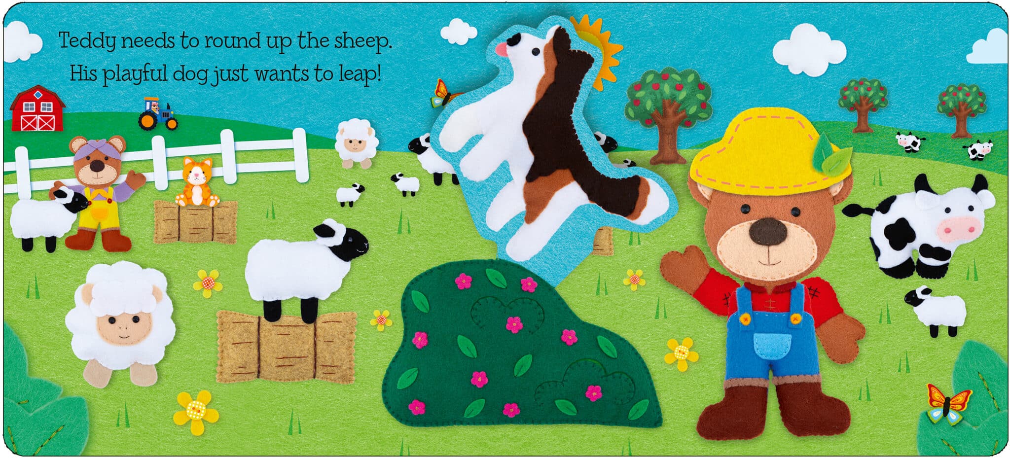 Teddys_POP_UP_SURPRISE_Spread 2 POP LR A bear in overalls and hat stands with sheep, a playful dog, and a farm background with a barn and tractor.